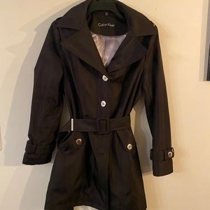 Calvin Klein Black Lined Rain Resistant TrenchCoat w/hood and belt, Petite Small